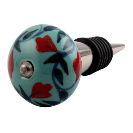 Sea Green Flower Ceramic Wine Stopper (Pack Of One Piece)